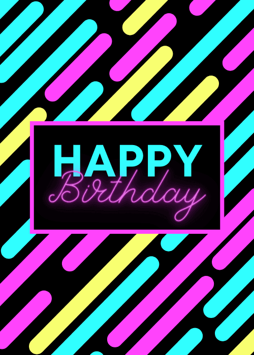 Vibrant neon birthday cake with candles on a dark background