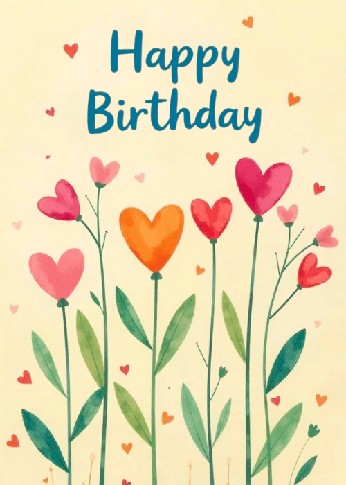 Soft watercolor birthday card with heart-shaped flowers on tall stems in pink and orange, scattered heart confetti throughout, and Happy Birthday in teal handwritten script at the top