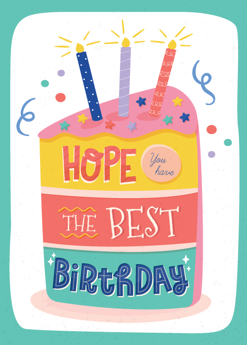 Birthday card on white background with teal border featuring a colorful illustrated three-tier cake with text Hope You Have The Best Birthday written across yellow coral and teal cake layers with three lit candles