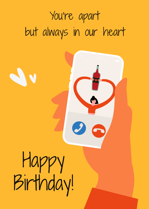 Happy birthday greeting card with a warm golden-amber background and typographic birthday message designed for remote and long-distance celebrations