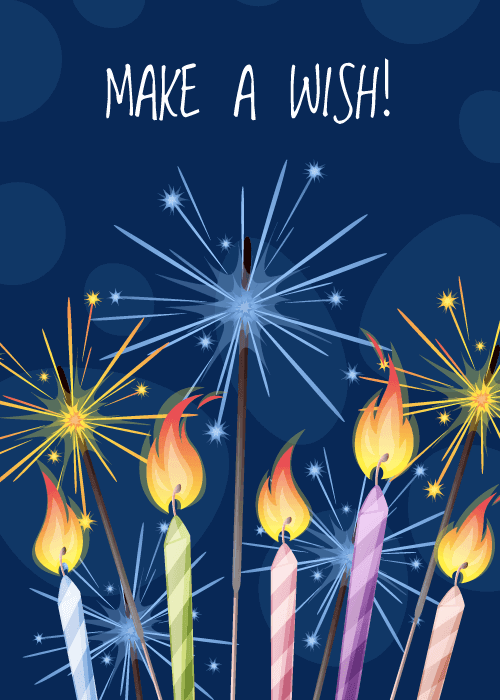 Birthday card on deep navy blue background with illustrated colorful birthday candles with flames and radiating sparkler starbursts beneath hand-written white text Make a Wish