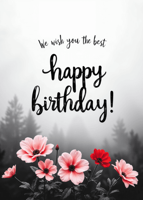 Birthday card with black and white misty pine forest background and vivid pink and red anemone flowers in sharp color contrast foreground with elegant brush-script Happy Birthday text
