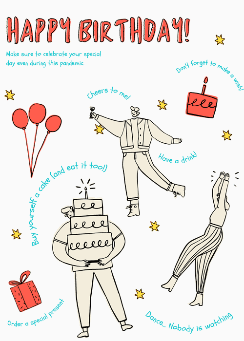 White birthday card with sketchy line-drawn figures dancing, toasting, and carrying a birthday cake, with red balloons, gifts, and illustrated party items scattered around, bold red "Happy Birthday!" text at the top, and playful teal annotations like "Dance... Nobody is watching" and "Buy yourself a cake"