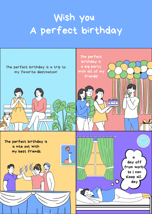 Birthday card designed as a four-panel comic strip showing different perfect birthday scenarios including travel, a party, a night out with friends, and sleeping all day