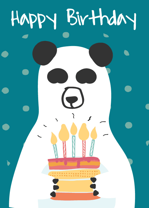 Birthday card with cute illustrated polar bear in a birthday hat beside a birthday cake slice with Happy Birthday text