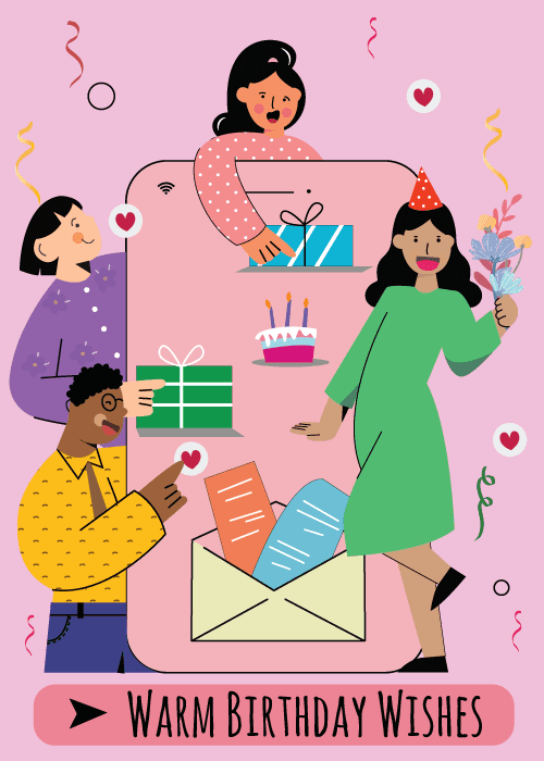 Happy birthday send a wish card with cheerful illustrated festive design and inviting birthday wish messaging encouraging group birthday wishes and celebration