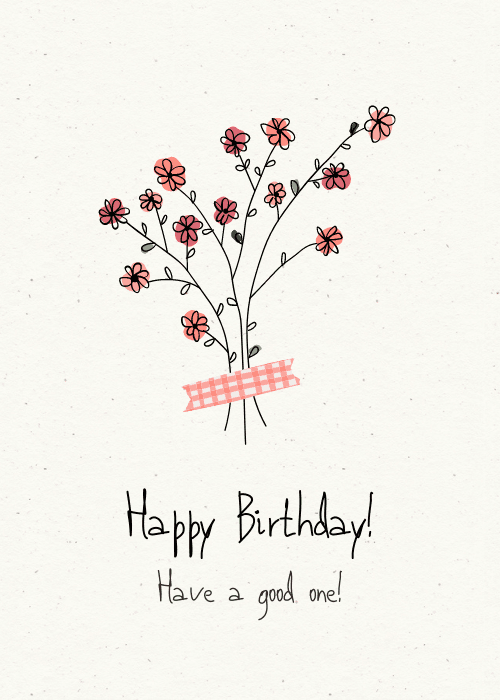 Hand-drawn bouquet of small red five-petaled flowers on thin black ink stems tied with pink and white gingham washi tape on a textured off-white paper background, casual black handwritten font reading Happy Birthday Have a good one