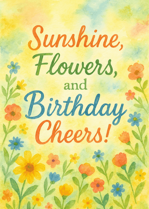Watercolor birthday card with a warm yellow-green gradient background filled with soft painterly wildflowers in yellow orange and pink with green foliage, cursive script reading Sunshine Flowers and Birthday Cheers in warm tones