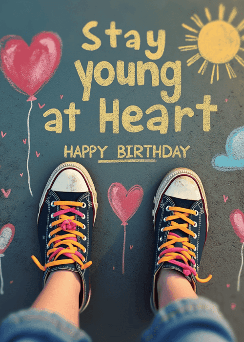 Top-down view of colorful canvas sneakers with rainbow laces on grey pavement surrounded by chalk-drawn hearts balloons and a sunshine, bold hand-lettered text reading Stay Young at Heart and Happy Birthday in playful mixed fonts