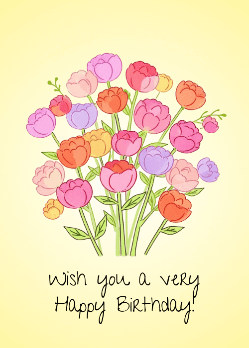Lush watercolor bouquet of pink, red, coral, purple, and orange flowers with green stems and leaves on a soft yellow background with handwritten text reading Wish You A Very Happy Birthday