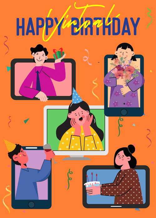 Birthday card on bold orange background with colorful confetti streamers and five illustrated characters emerging from device screens including tablets and a central monitor with gifts flowers party hat and raised glasses