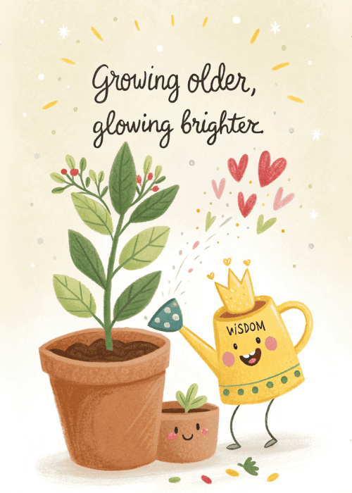 Cute illustrated watering can character labeled Wisdom wearing a crown sprinkling hearts over a smiling potted plant with sparkles and warm light, text reading Growing older glowing brighter in brown script on a cream background