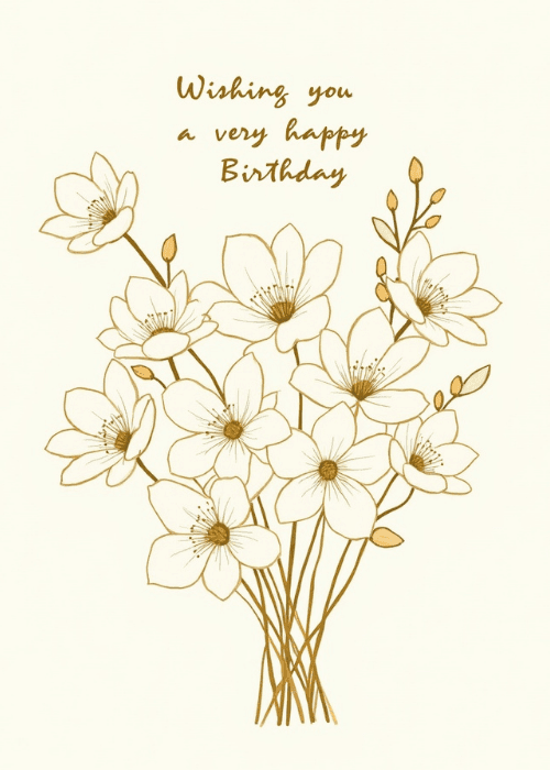 Cream birthday card with a delicate gold line-art flower bouquet and gold script text Wishing you a very happy Birthday