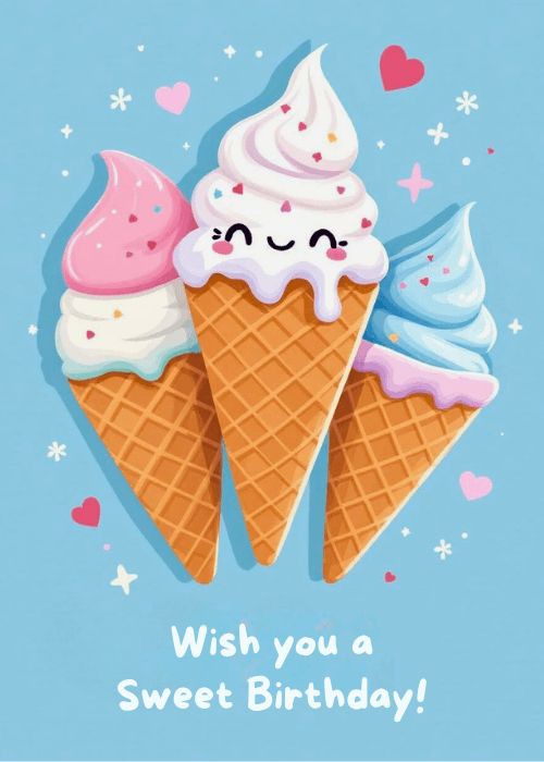 Cute birthday card with three kawaii-style ice cream cones with happy faces on a pastel blue background with hearts and the message Wish you a Sweet Birthday