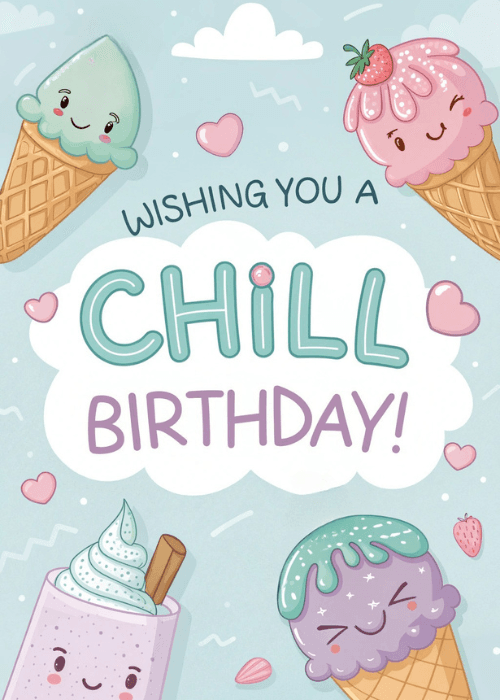 Light blue background birthday card with four kawaii smiling ice cream cone characters in mint, strawberry, purple, and milkshake colors surrounding a white cloud shape with the text "Wishing You a Chill Birthday!" in teal and purple lettering