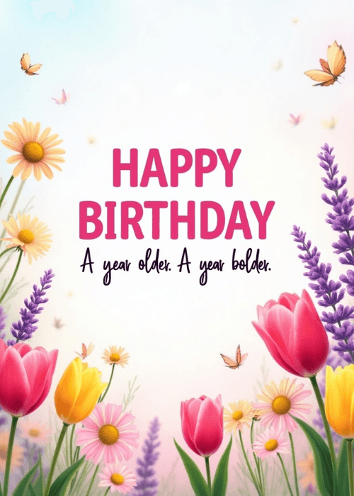 Birthday card with illustrated floral border of tulips daisies lavender and butterflies with Another Year Older Bolder text
