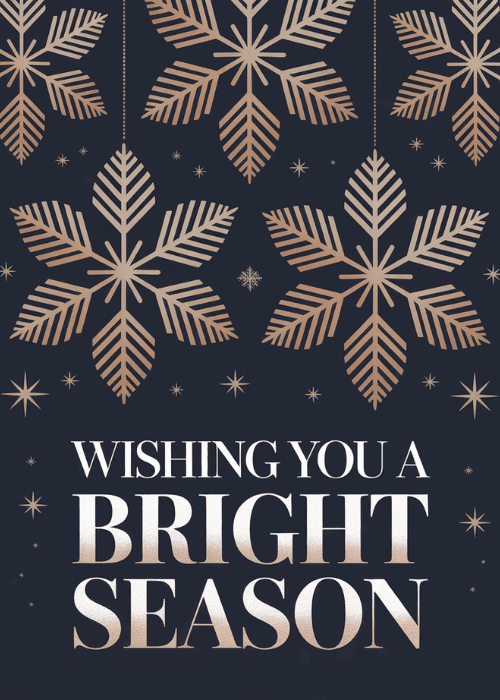 Gold snowflakes hanging on a dark blue starry background with wishing you a bright season text