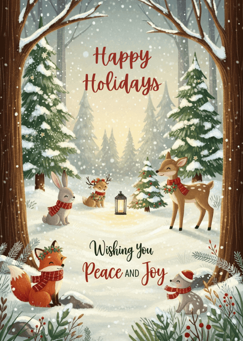 Illustrated forest animals gathered around a lantern in a snowy forest for the holidays