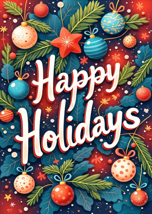 Colorful Christmas ornaments and baubles on a red background with happy holidays text