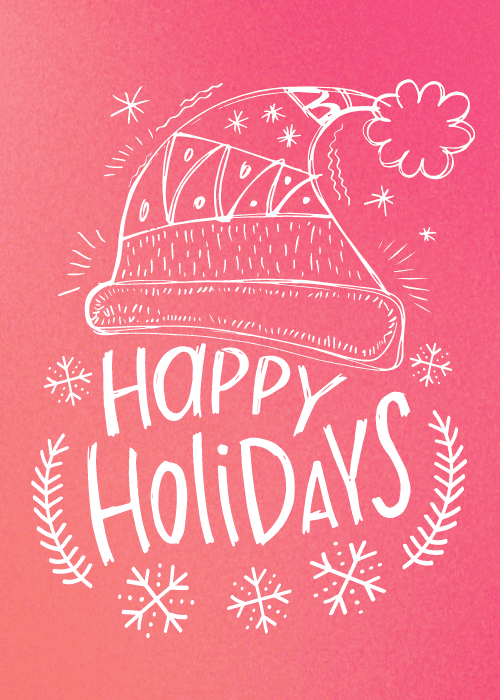 Festive winter hat doodle with happy holidays text on a pink background