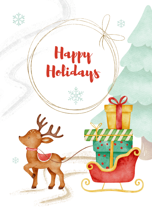 Watercolor reindeer pulling a sleigh of gifts in a snowy forest