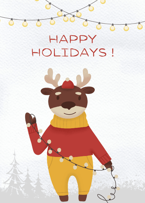Cute reindeer in a sweater holding fairy lights with happy holidays text