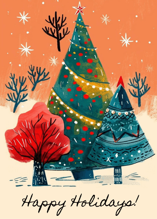 Stylized teal and red Christmas trees on an orange background with happy holidays text