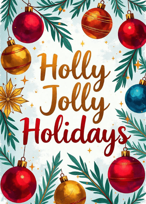 Holly leaves and red berries on a red background with holly jolly holidays text