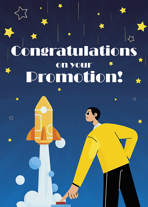 Professional launching a rocket with congratulations on your promotion text