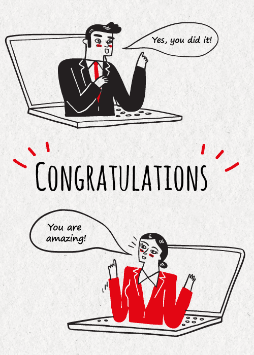 Coworkers celebrating from laptops with congratulations text