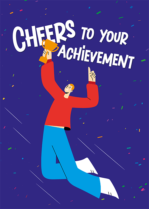 Purple congratulations card with an illustrated man jumping and holding a trophy surrounded by confetti and the text Cheers to Your Achievement