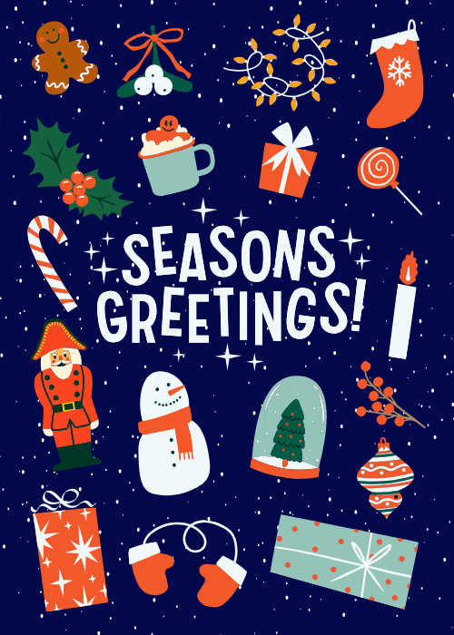 Assorted holiday icons on a navy background with season's greetings text