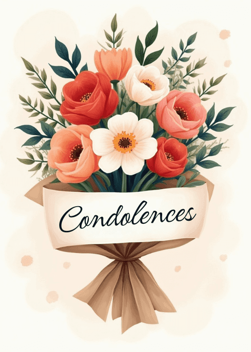 Cream sympathy card with a watercolour bouquet of red roses, orange poppies, and white anemones in kraft paper wrapping and 'Condolences' text