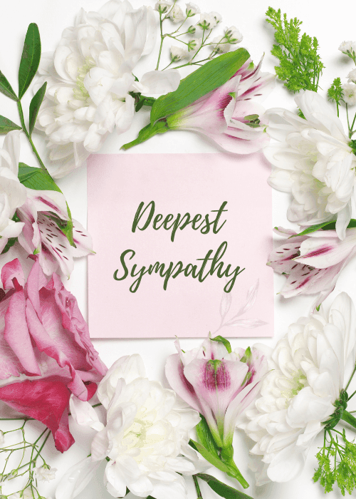Floral frame with white and pink flowers and sympathy message