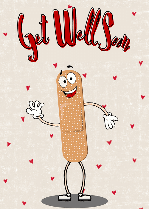 Funny get well soon card with a dancing cartoon band-aid character with a grinning face on a cream background with red hearts