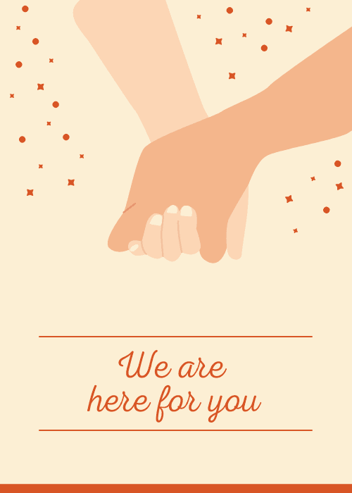 Sympathy care card with an illustrated close-up of two hands gently holding each other on a cream background with small terracotta dot accents and the text We Are Here For You
