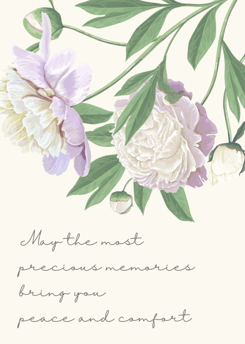 Delicate peonies with a sympathy message on a light background