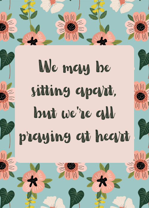Sympathy card with a teal floral border and a blush pink text panel with a message about sitting apart but praying at heart