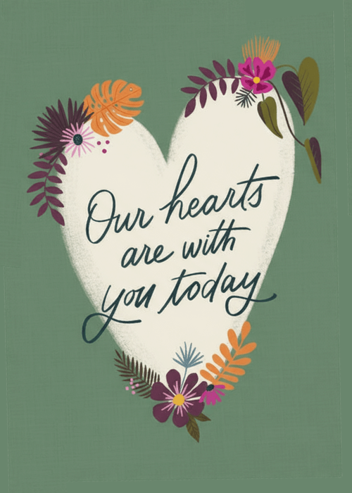 Sympathy card on deep sage green background with large cream heart shape bordered by rich illustrated botanicals including tropical leaves purple pink orange and autumn flowers with Our Hearts Are With You Today brush script inside