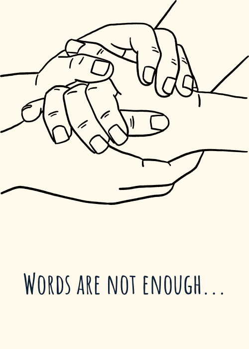 Line-art of hands holding with words are not enough text