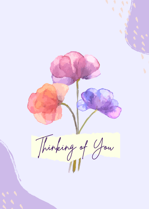 Soft watercolor card with a hand-painted floral bouquet in pink, orange, and purple on a lavender background with cursive text Thinking of You