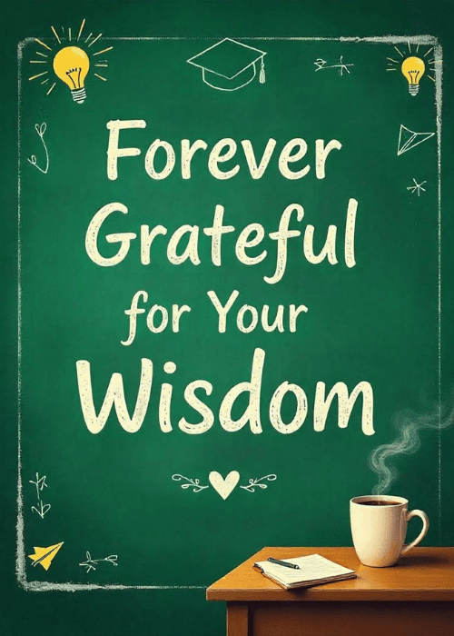 Dark forest green chalkboard-style teacher appreciation card with white chalk lettering reading Forever Grateful for Your Wisdom in bold varying-weight font, small chalkboard doodle accents of a graduation cap a lightbulb a small heart and a notebook, a realistic coffee mug and open notebook resting on a wooden surface at the bottom