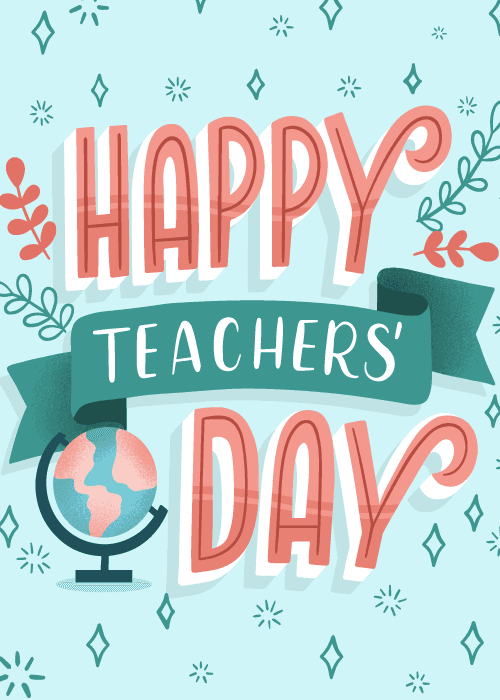 Globe and ribbon with happy teachers day text on a teal background