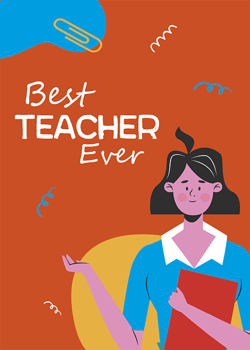 Illustrated teacher with best teacher ever text on an orange background