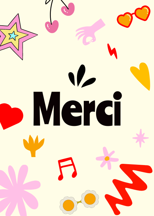 Bold merci text surrounded by playful icons on a cream background