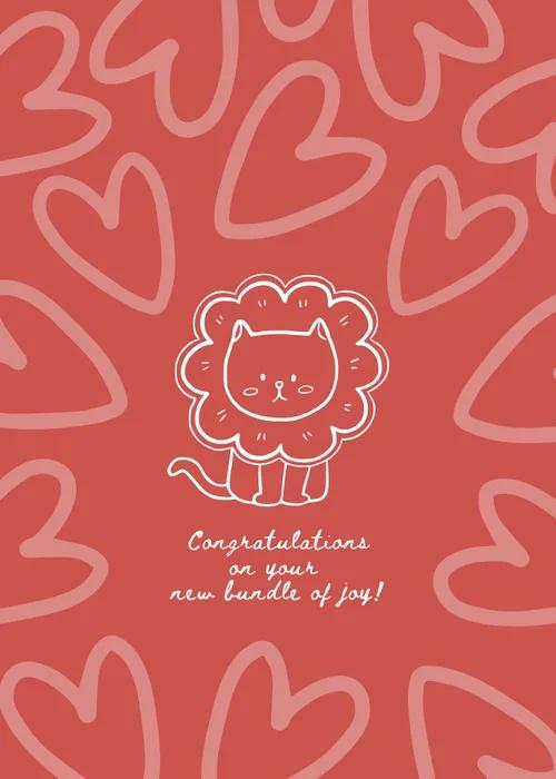 New baby card with white line-drawn lion cub and doodle hearts on a warm coral background with Bundle of Joy text