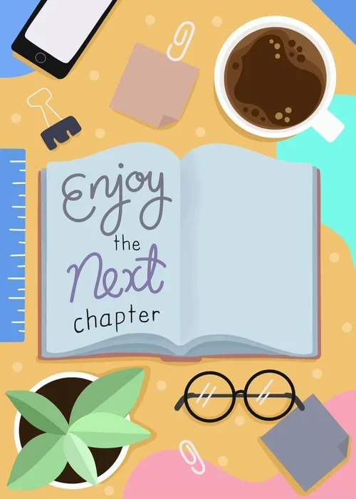 Animated top-down view of an open book reading Enjoy the Next Chapter on a warm desk with a coffee cup, reading glasses, potted plant, and office supplies