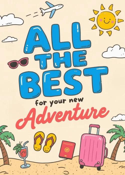 Farewell card on sandy cream background with bold blue and orange All the Best for Your New Adventure lettering surrounded by illustrated pink suitcase passport palm trees sunglasses and plane