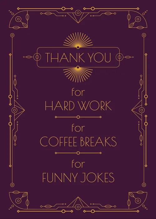 Group farewell ecard with gold art deco border on plum background thanking a departing colleague for hard work coffee breaks and funny jokes