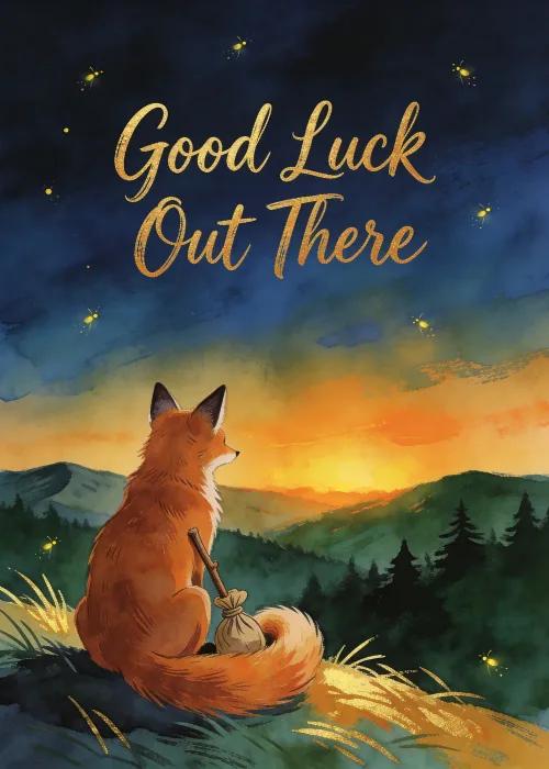 Farewell card with a watercolor fox holding a bindle, watching a golden sunset over the hills